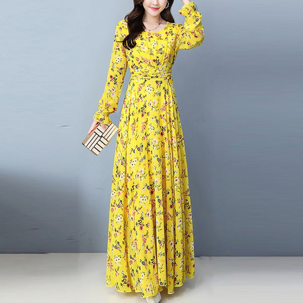 Plus Size Chiffon Floral Print Long Sleeve Maxi Dress
