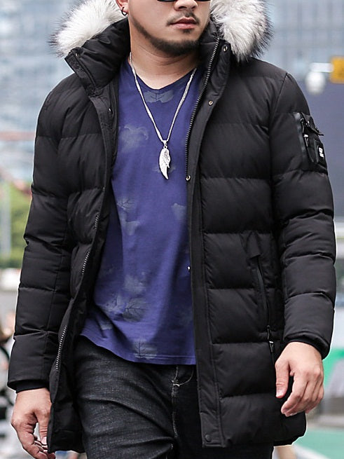 Men s Plus Size Padded Windbreaker Long Length Utility Design Winter Jacket with Fur Hoody Black Green