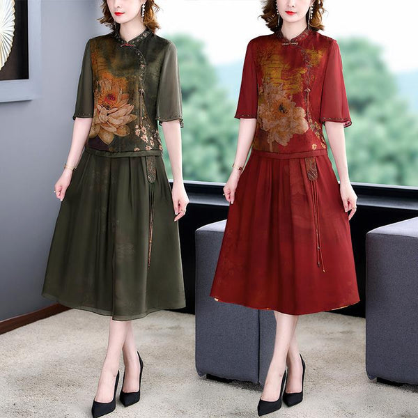Plus Size Oriental Cheongsam Blouse and Skirt Set