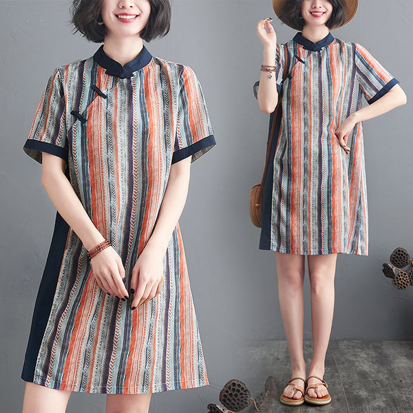 Plus size stripe short sleeve cheongsam dress