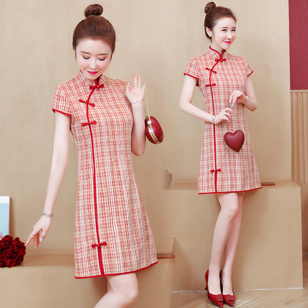 Plus Size Modern Red Checks Cheongsam Dress
