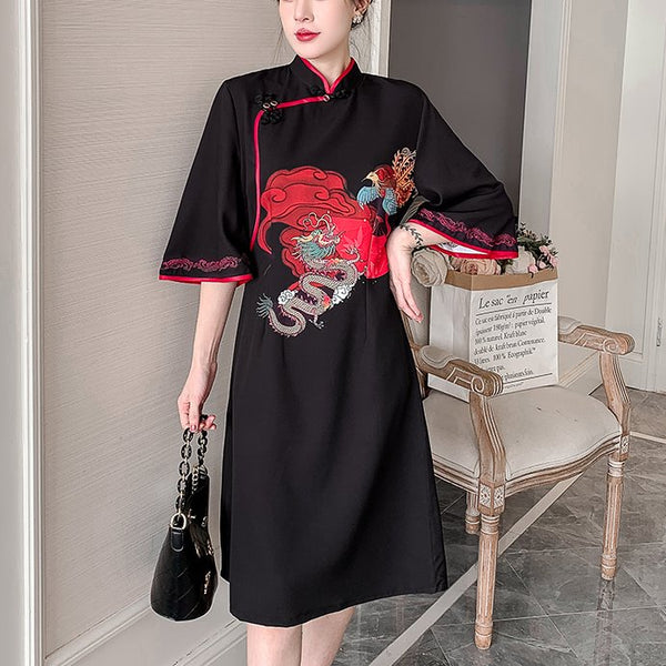 Plus Size Black Dragon Wide Cheongsam Mid Sleeve Dress