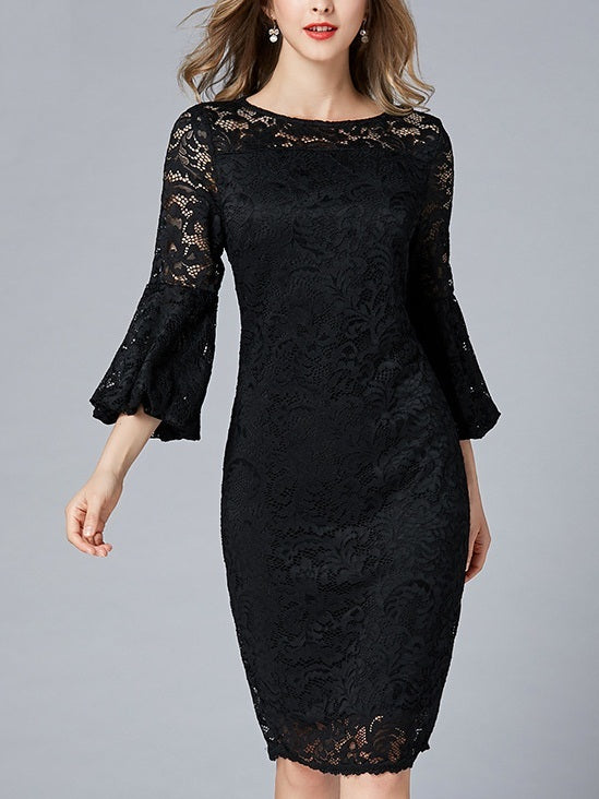 Michaya Black Lace Bell Sleeve Plus Size Formal Wedding OccasionMid Sl