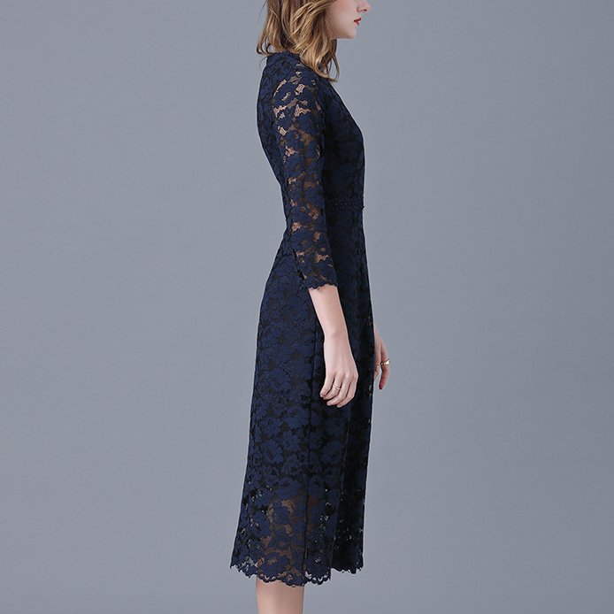 Plus Size Formal Blue Lace Mid Sleeve Midi Dress – Pluspreorder