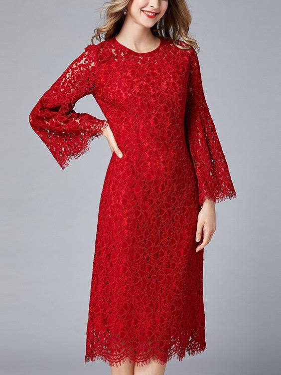 Michela Red Lace Flare Sleeve Plus Size Formal Wedding Occasion Evening L/S Dress