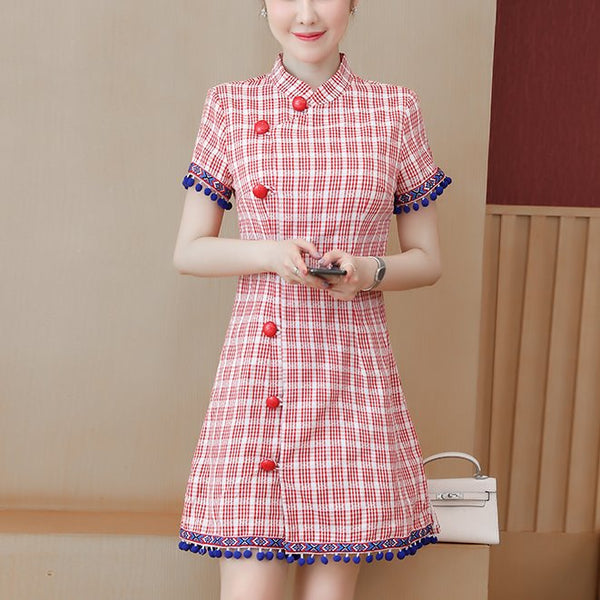 Plus Size Red Ethnic Big Buttons Short Sleeve Dress Cheongsam