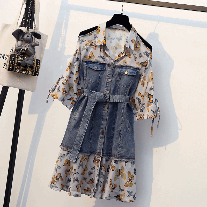 Zelda Plus Size Butterfly Print Denim Belted Off Shoulder Short