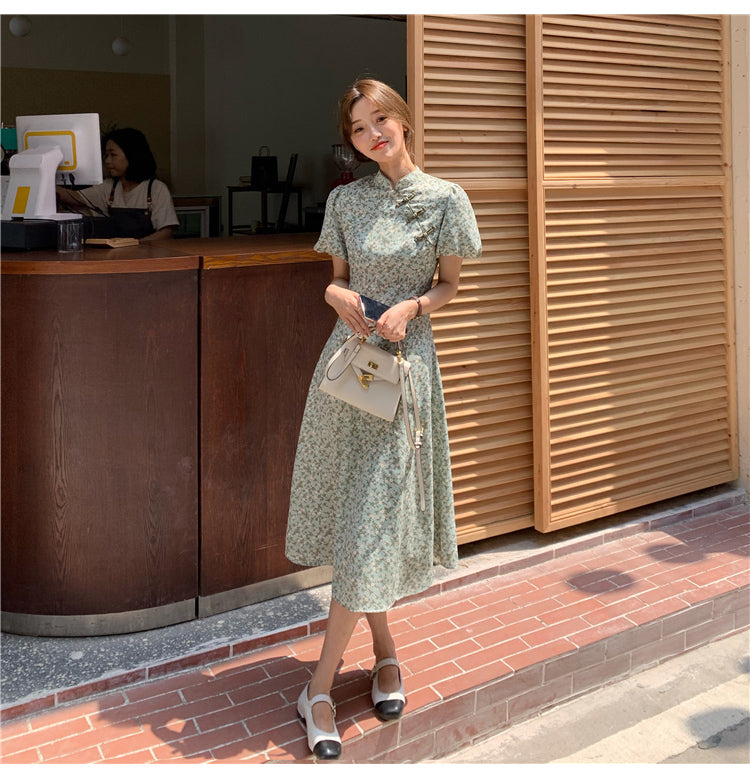 Plus size green ditsy a line cheongsam midi dress – Pluspreorder