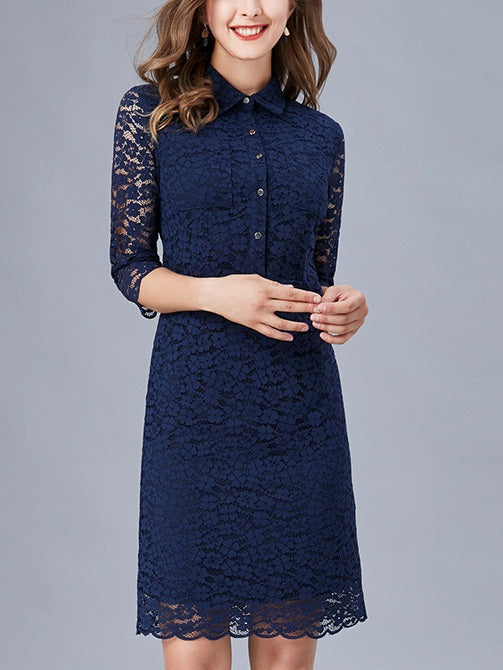 Vaughn Plus Size Blue Scallop Sleeve Lace Mid Sleeve Shirt Dress