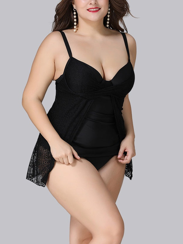 Seana Lace Cover Layer Black Slimming Tankini Top and Underwear