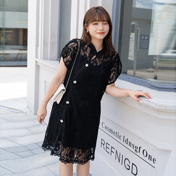 (2XL-6XL) Plus Size Black Lace Cheongsam Qipao Short Sleeve Dress (Extra Big Size)