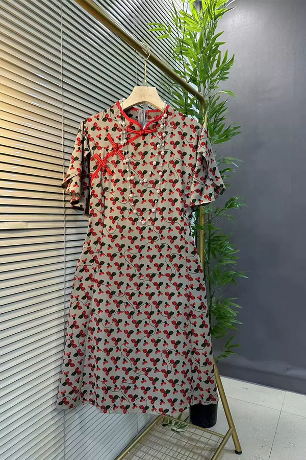 (2XL-6XL) Plus Size Modern Red Repeat Print Qipao Dress (EXTRA BIG SIZE)