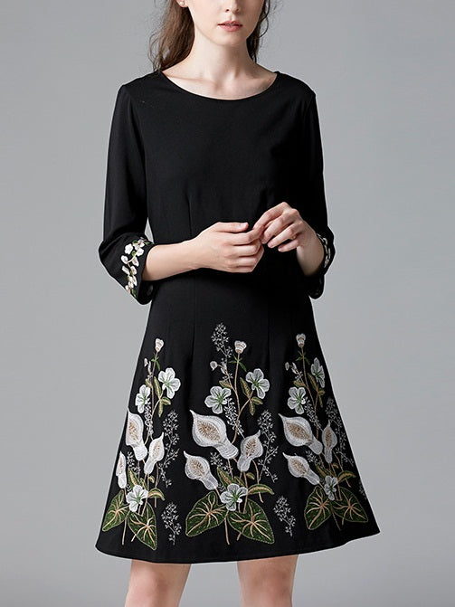 Shree Black Floral Embroidery Mid Sleeve Midi Dress