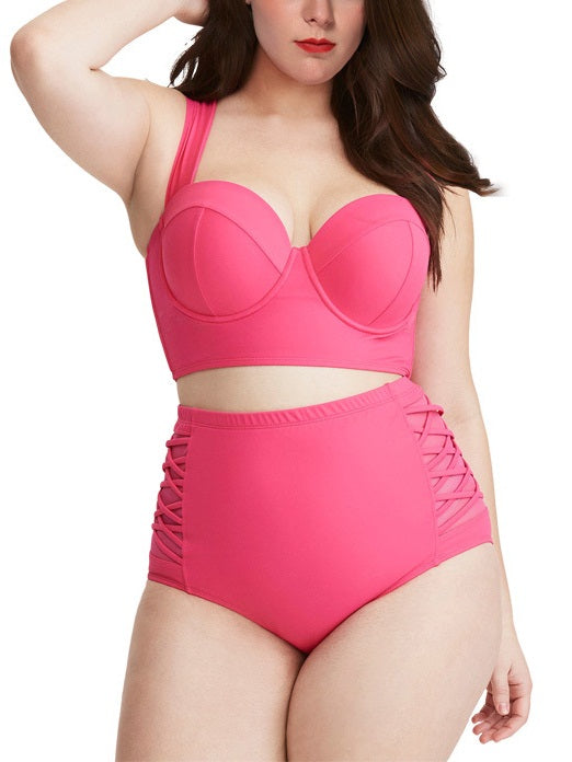 Selenia Underwire Bra Cup Bikini Top and Highwaist Underwear Two Piece Swimsuit Set (Pink, Black)