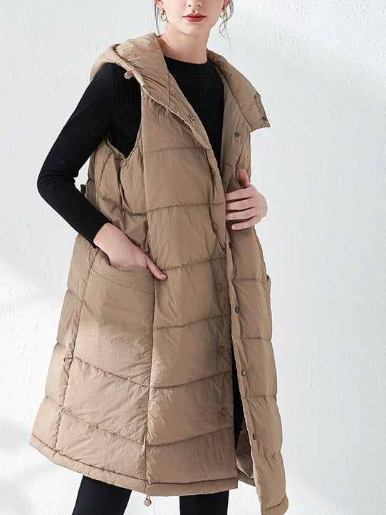Sevasti Lightweight Hoody Tunic Long Length Sleeveless Winter Jacket (Khaki, Black)