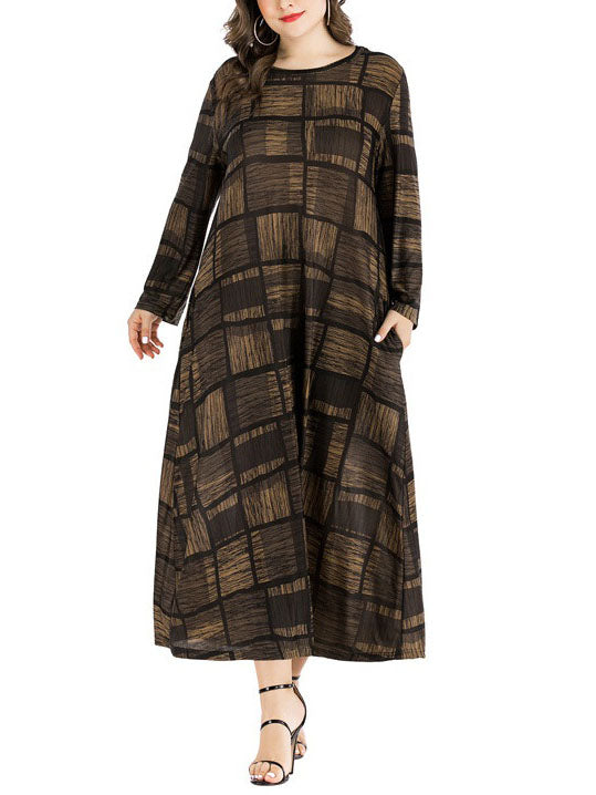Weasy Plus Size Brown Grid Printed Long Sleeve Maxi Dress (Suitable For Muslim, Muslimah Wear) (EXTRA BIG SIZE)