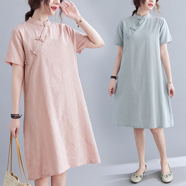 Plus size pastel textured simple cheongsam dress