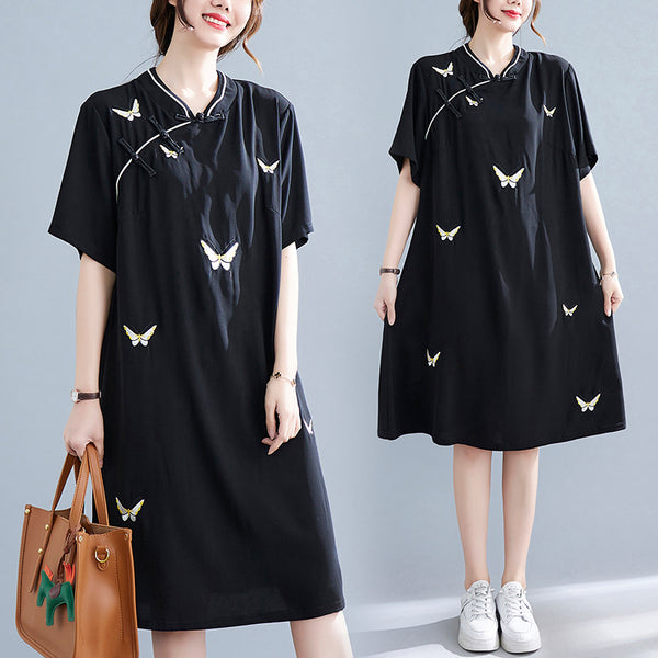 Plus size black butterfly modern cheongsam dress