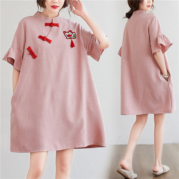 Plus Size Pink Fortune Cat Cheongsam Dress