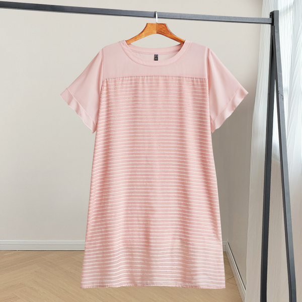 (4XL-10XL) Plus Size Pink Stripes Chiffon Short Sleeve Dress (EXTRA BIG SIZE)
