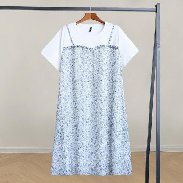 (4XL-10XL) Plus Size White Blue Floral Mock 2 Piece Short Sleeve Dress (EXTRA BIG SIZE)