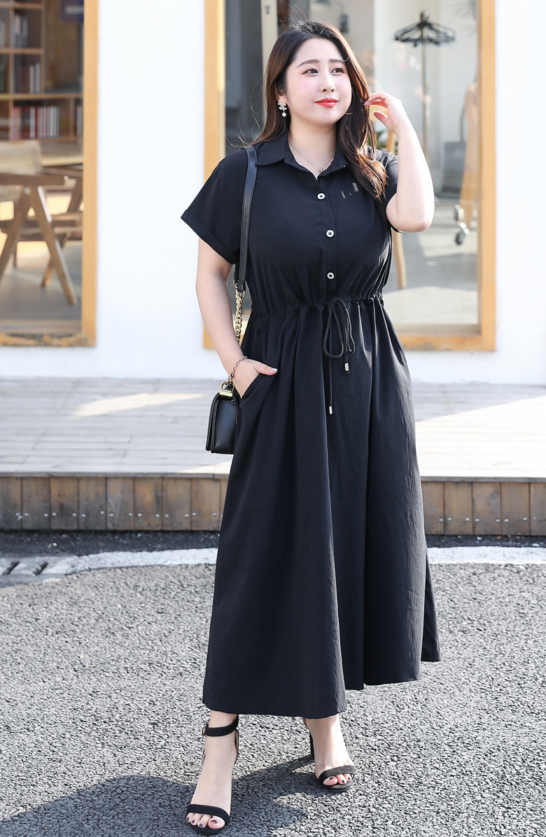 (4XL-8XL) Plus Size Black Midi Short Sleeve Shirt Dress (Extra Big Size) Black 4XL
