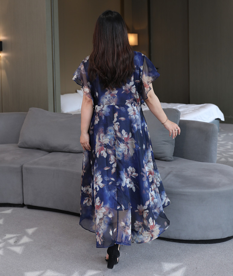 (4XL-8XL) Plus Size Blue Floral Chiffon Midi Dress (Extra Big Size