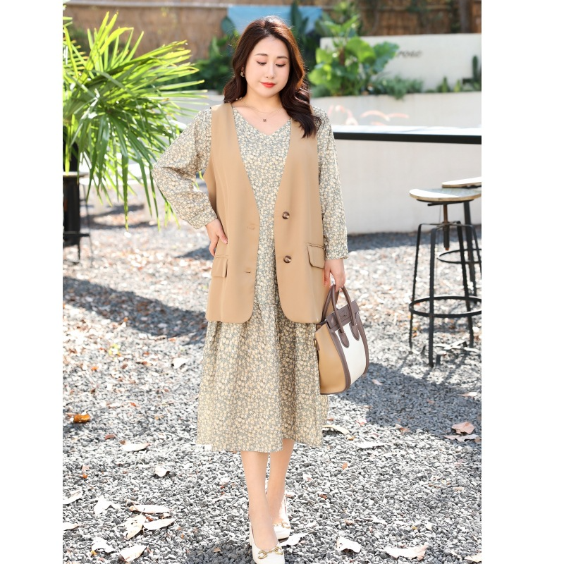 4XL 8XL Plus Size Khaki Vest And Ditsy Floral Long Sleeve Dress Set Extra Big Size Khakhi 4XL
