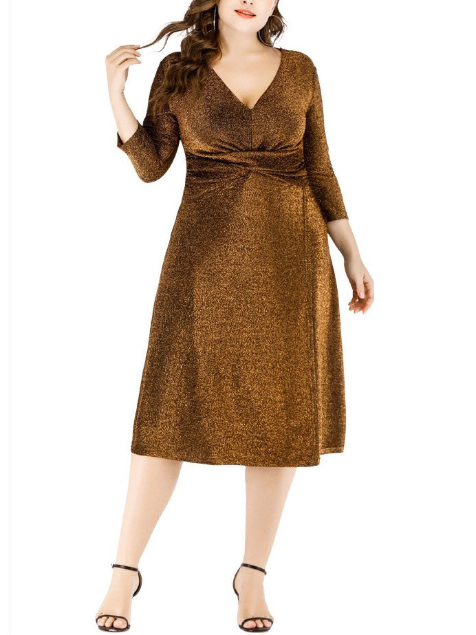 Shireen Shimmer Gathered V Neck Evening Dress Mid Sleeve Dress (Gold,   Pluspreorder