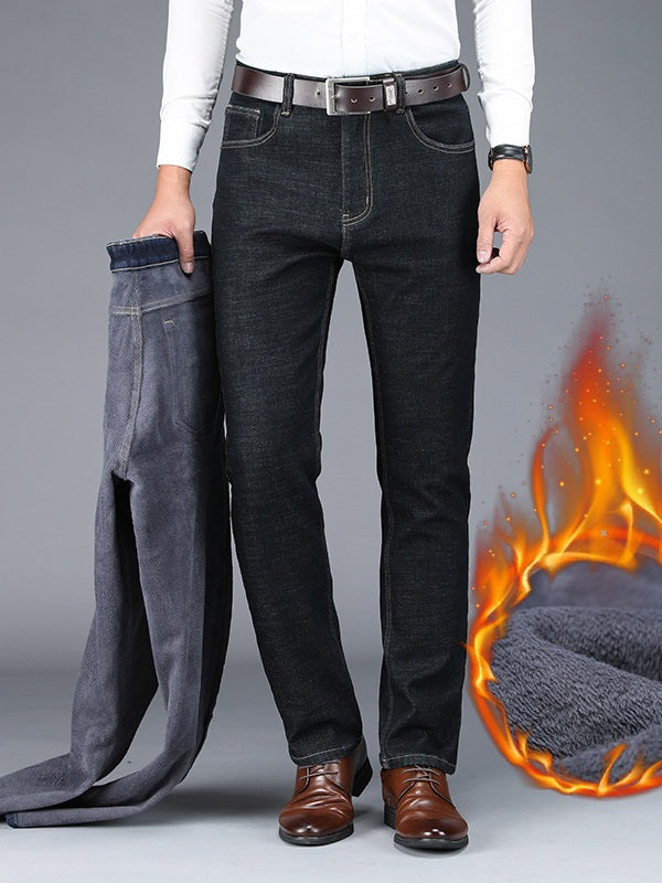 Spencer Plus Size Men's Winter Pants Denim Jeans with Thick Fleece Inside (Black, Blue)