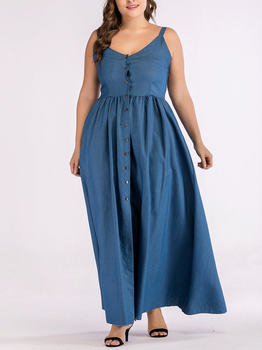 Taree Plus Size Denim Buttons V Neck Sleeveless Maxi Dress (EXTRA BIG –  Pluspreorder