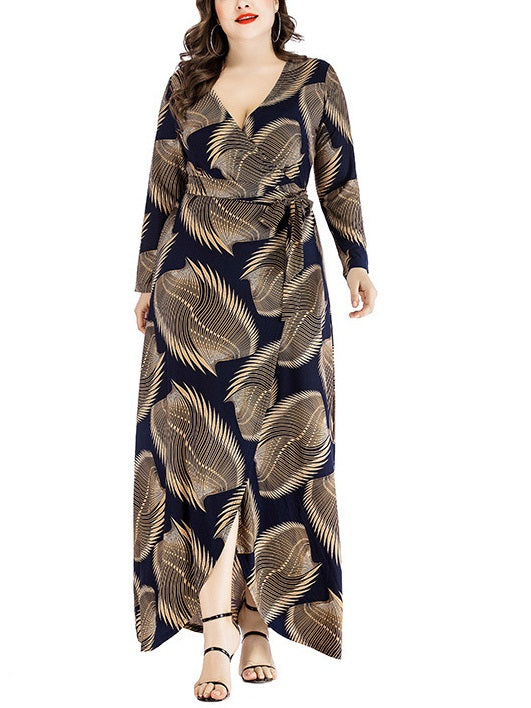 Welsley Plus Size Wrap V Neck Waist Tie Printed Long Sleeve Maxi Dress (Brown Pattern/Blue, White Pattern/Blue) (EXTRA BIG SIZE)