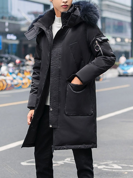 Spring Plus Size Men's Down Winter Jacket Fur Hoody Pockets Padded Long Winter Jacket (Cream, Black)