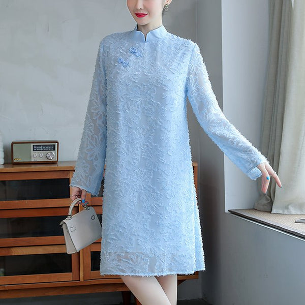 Plus size textured 3D long sleeve cheongsam dress