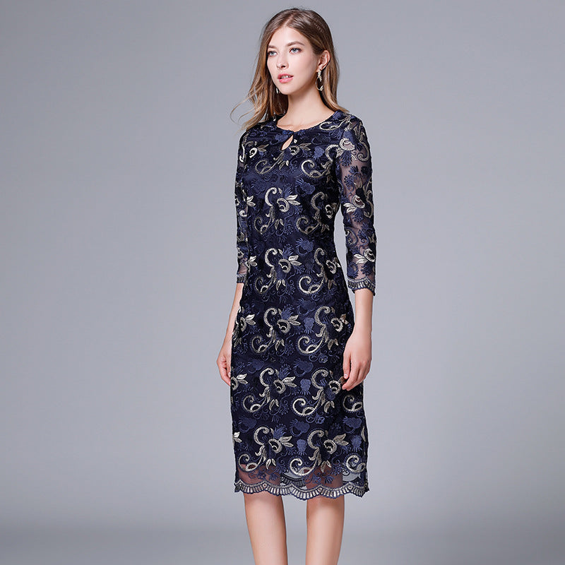 Gold Lace Appliqued Long Chiffon Dresses Ocean Blue Plus Size