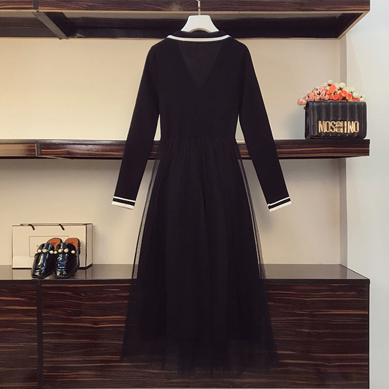 Plus Size Black Knit Tulle Long Sleeve Midi Dress – Pluspreorder