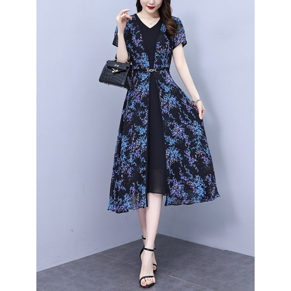 Floral Lace Top and Chiffon Bottom Full-length Dresses Red Plus Size