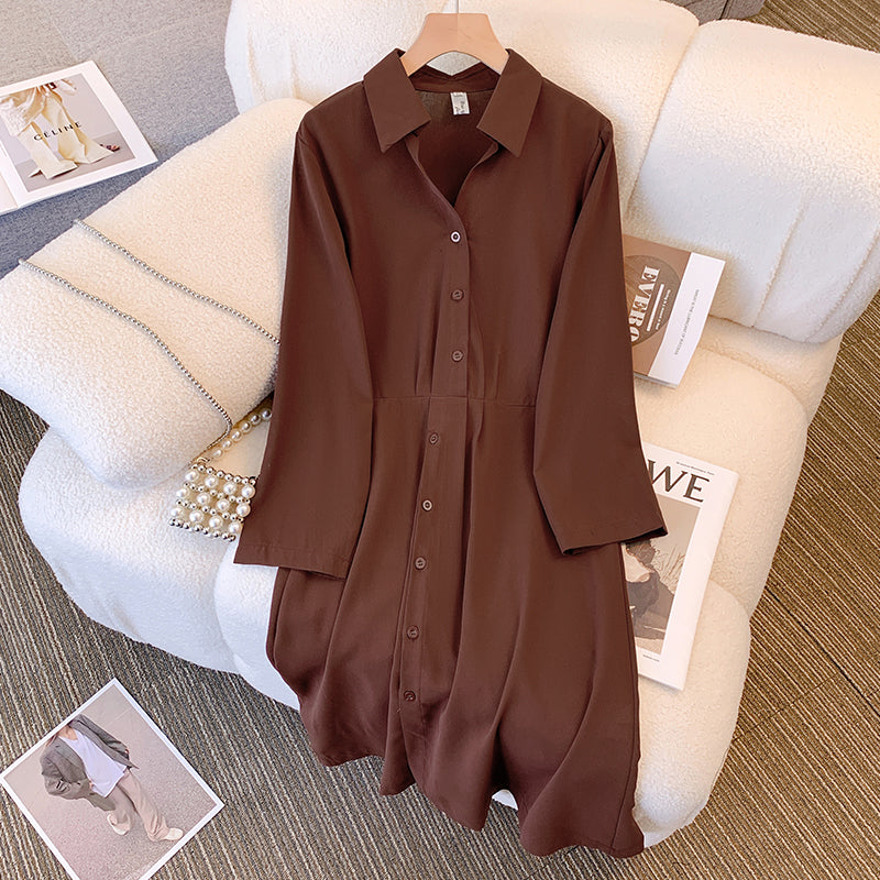 brown shirt dress plus size Plus Size Business Casual Brown Striped Shirt Collar Lantern Sleeve Long  Sleeve Contrast Elegant Asymmetric Hem Midi Dresses