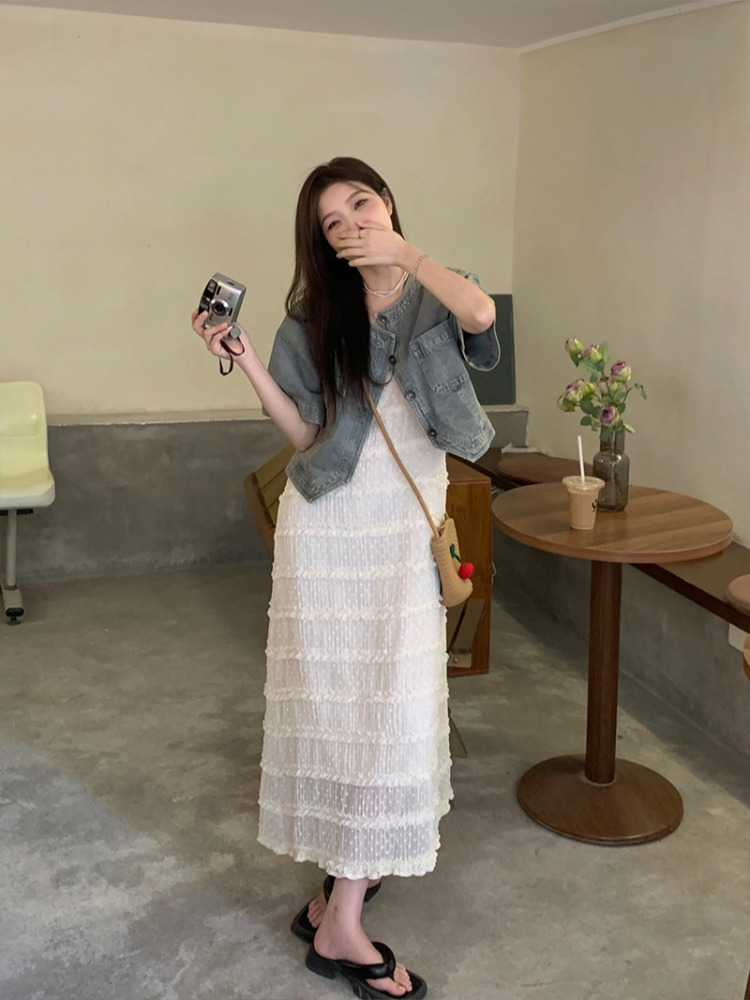 Plus Size Denim Jacket and Pindots Camisole Dress Set – Pluspreorder