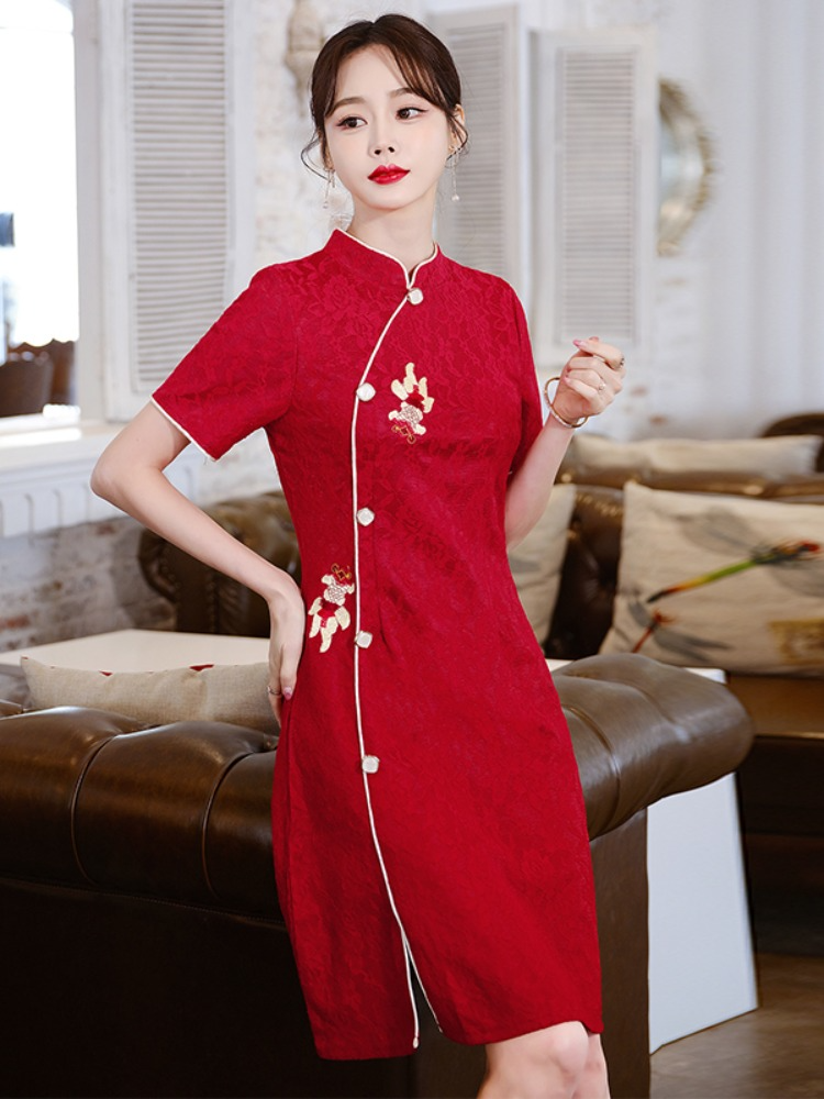fitted lace wedding dress Plus Size Koi Fish Embroidered Red A Line Cheongsam Dress – Pluspreorder