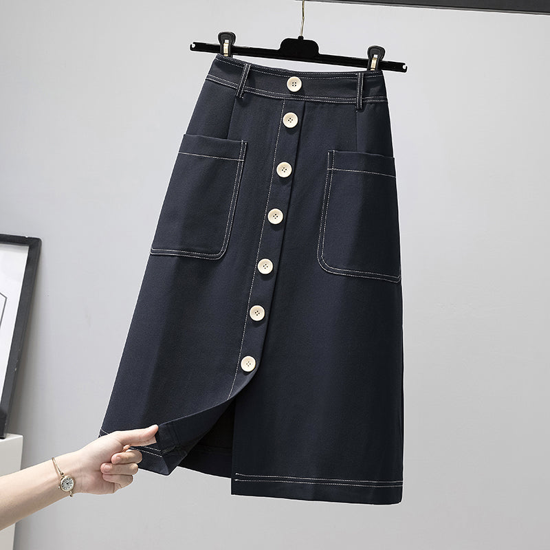 Plus Size Korean Buttons Skirt Navy-Blue L