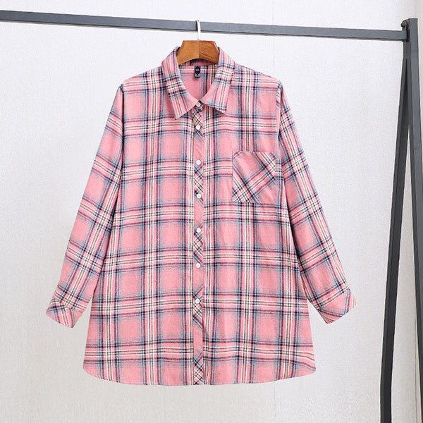 Plus Size Pink Checked Long Sleeve Shirt Blouse (EXTRA BIG SIZE)