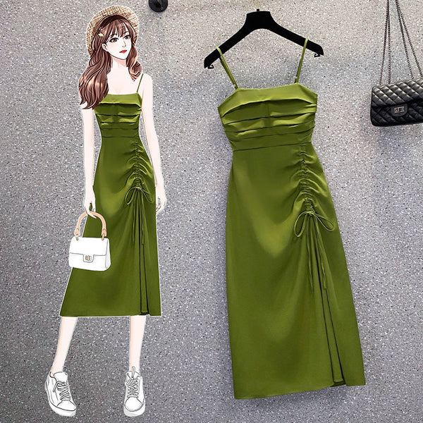 Plus Size Scrunch Square Neck Green Cami Midi Dress