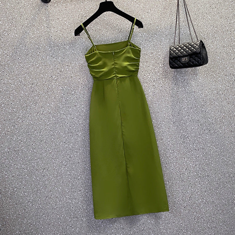 Plus Size Scrunch Square Neck Green Cami Midi Dress – Pluspreorder