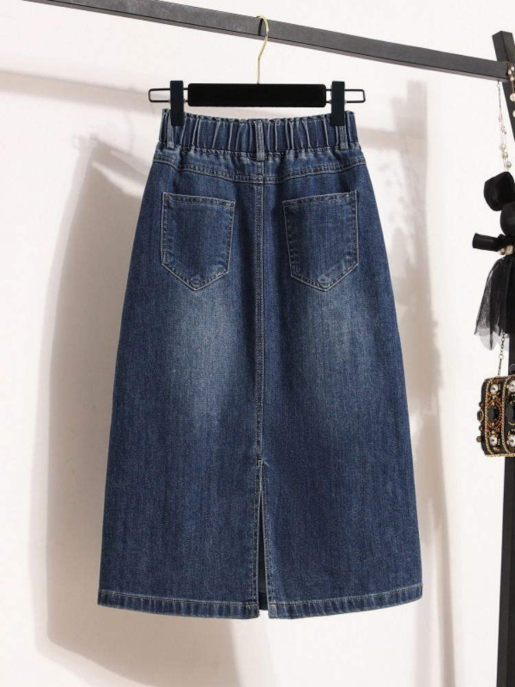 Plus Size Stretchband Denim Midi Skirt – Pluspreorder