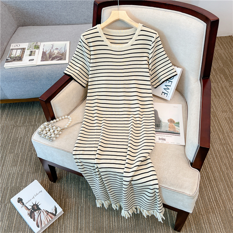 plus size striped t shirt dress Solflare Plus Size Spring & Summer Outfit, Black And White Striped Long Side Slit T-Shirt Dress, Plus Size Short Sleeve Dress,4XL