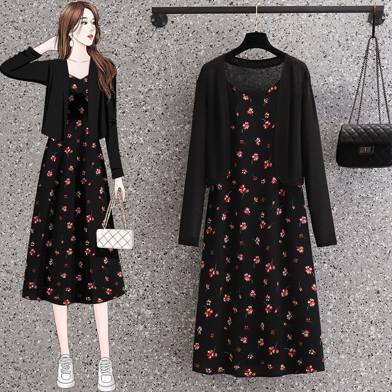 Plus Size Black Floral Cami Dress And Cardigan Set