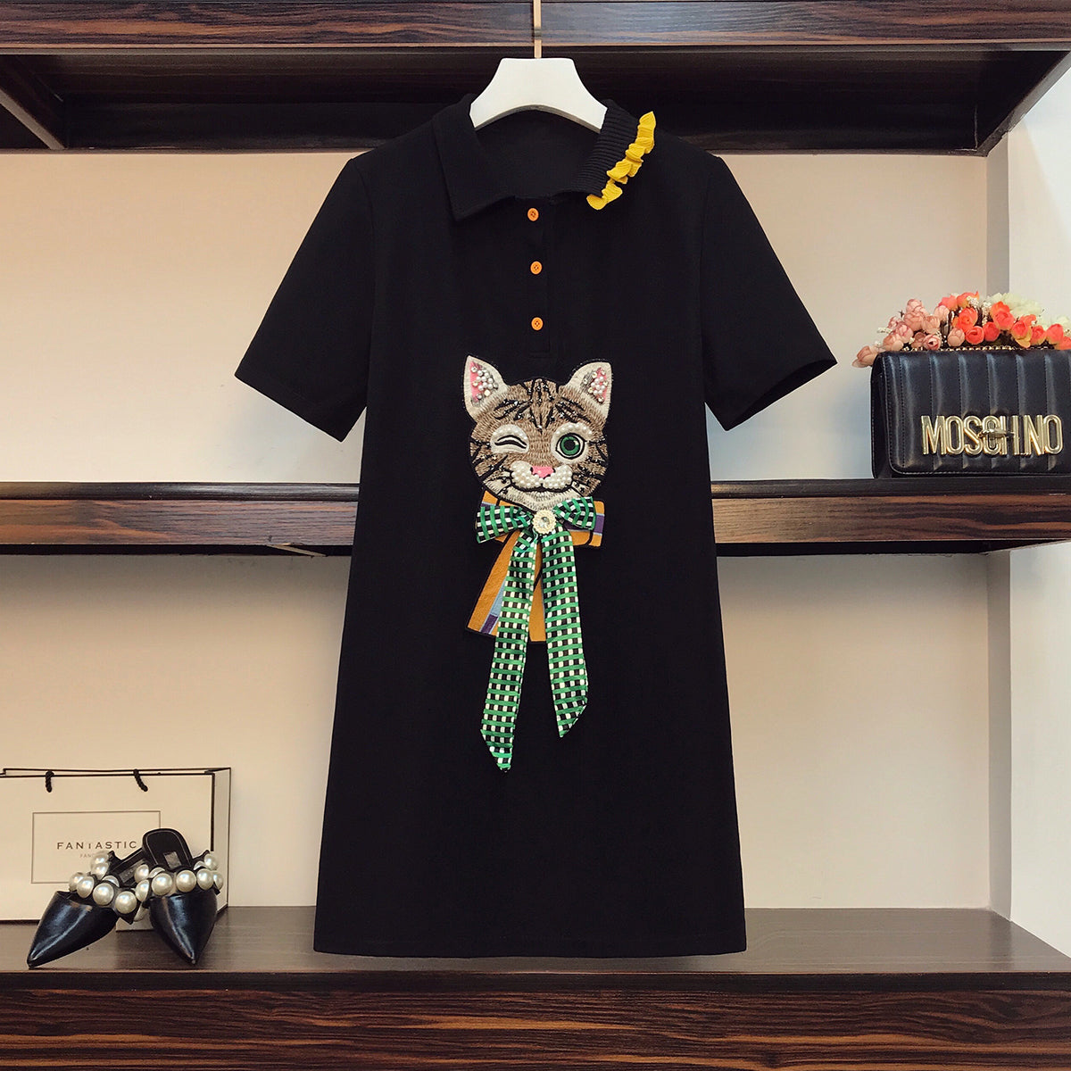 Plus Size Cat Shirt Dress Black M