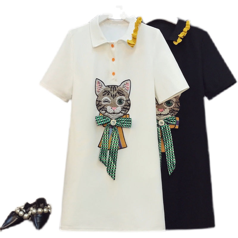Plus Size Cat Shirt Dress Creamy-White M