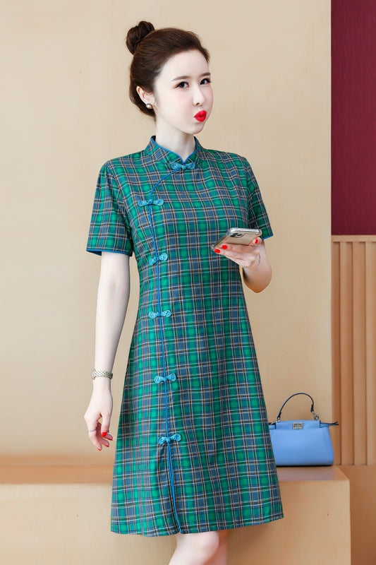 Plus size green vintage checks casual cheongsam dress Green M